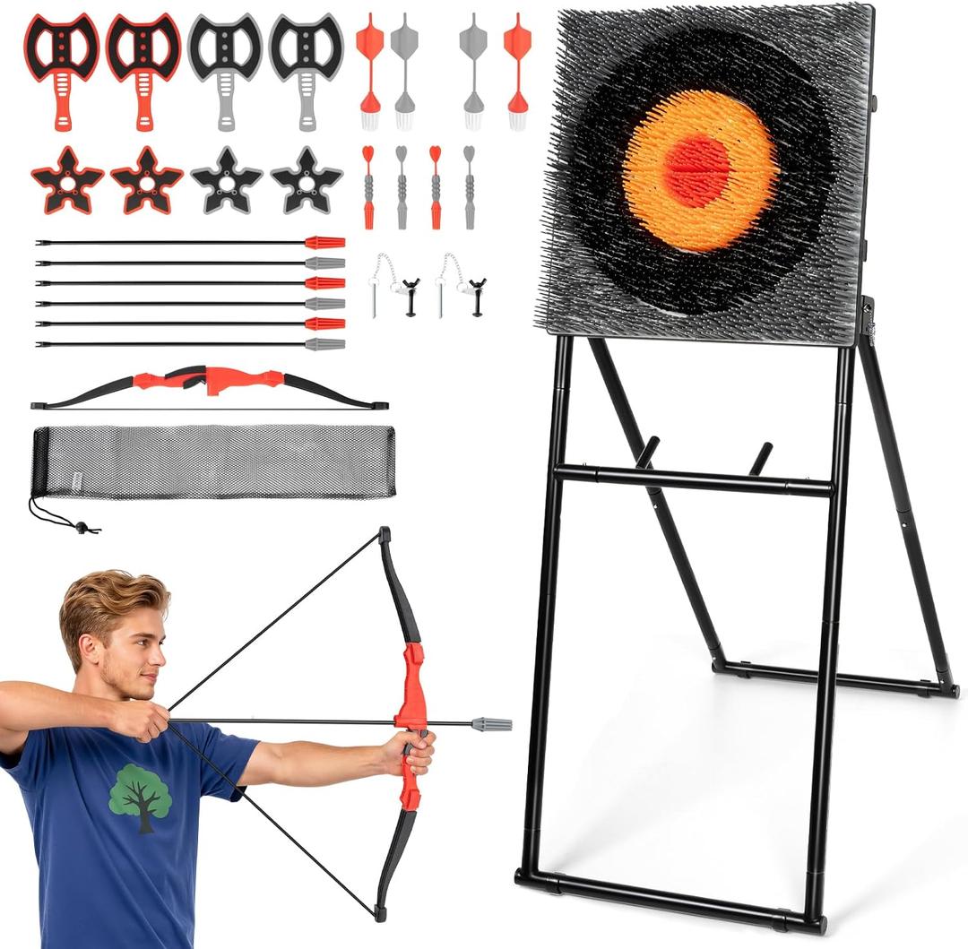 SPOYNAL 5 in 1 Steel Axe Throwing Target Set, Outdoor Target Game with Axes, Throwing Stars, Darts, Lawn Darts, Bow & Arrows, Foldable Steel Frame, Yard Games for Adults, Backyard & Camping, 19 x 19 inch
