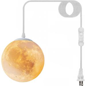 Plug-in Moon Pendant Light, Hanging Lamp with Switch & Cord, 3-Color Dimmable LED Ceiling Lamp for Kids Bedroom or Nursery, White Lunar Night Light (Warm,Neutral,White,LED Bulb Included)