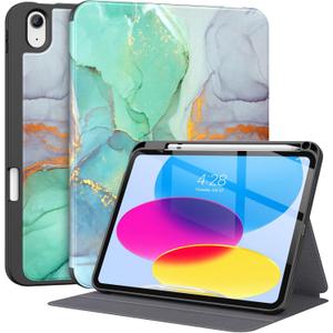Supveco Case for iPad (A16) 11th Generation 11 inch (2025),iPad 10th Generation 10.9 inch (2022) with Pencil Holder-[Auto Wake/Sleep],Premium Folio Stand Case with Soft TPU Back Cover-Green Marble