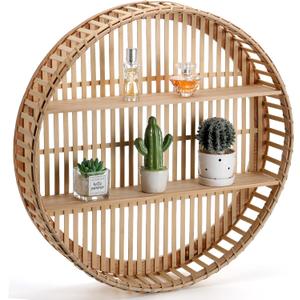 Pinkunn Rattan Wall Shelf Round Wicker Shelves Boho Wall Mounted Display Storage 2 Tier Circle Farmhouse Home Decorations for Dining Room Living Room Office Kitchen Bathroom
