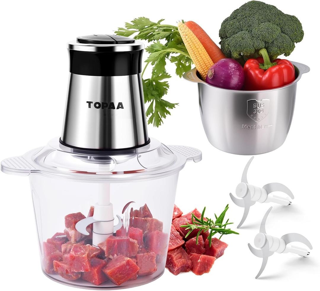 TOPAA Food Processors 2-Speed Electric Meat Grinder For Home Use Vegetable Chopper - 2 Bowls (12 Cup+12 Cup) with Powerful 300W Copper Motor - Includes 2 Sets of Bi-Level Blades for Fruits/Meat/Nuts