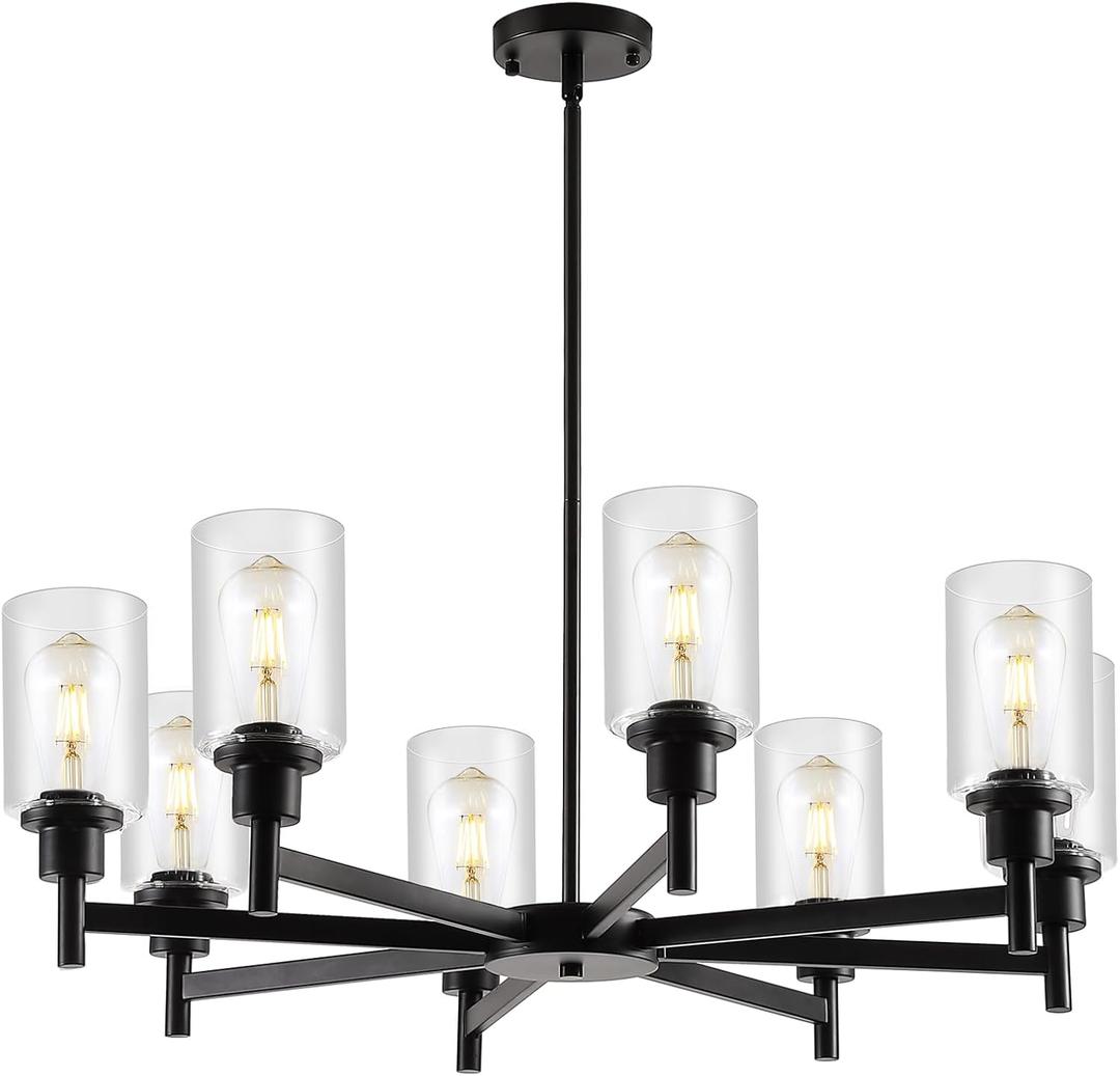 9MMML Farmhouse 8-Light Glass Chandelier, Modern Black Chandelier for Kitchen Dining Room Light Fixture Over Table, Industrial Chandelier for Living Room, Foyer, Entryway, E26 Bulb Base