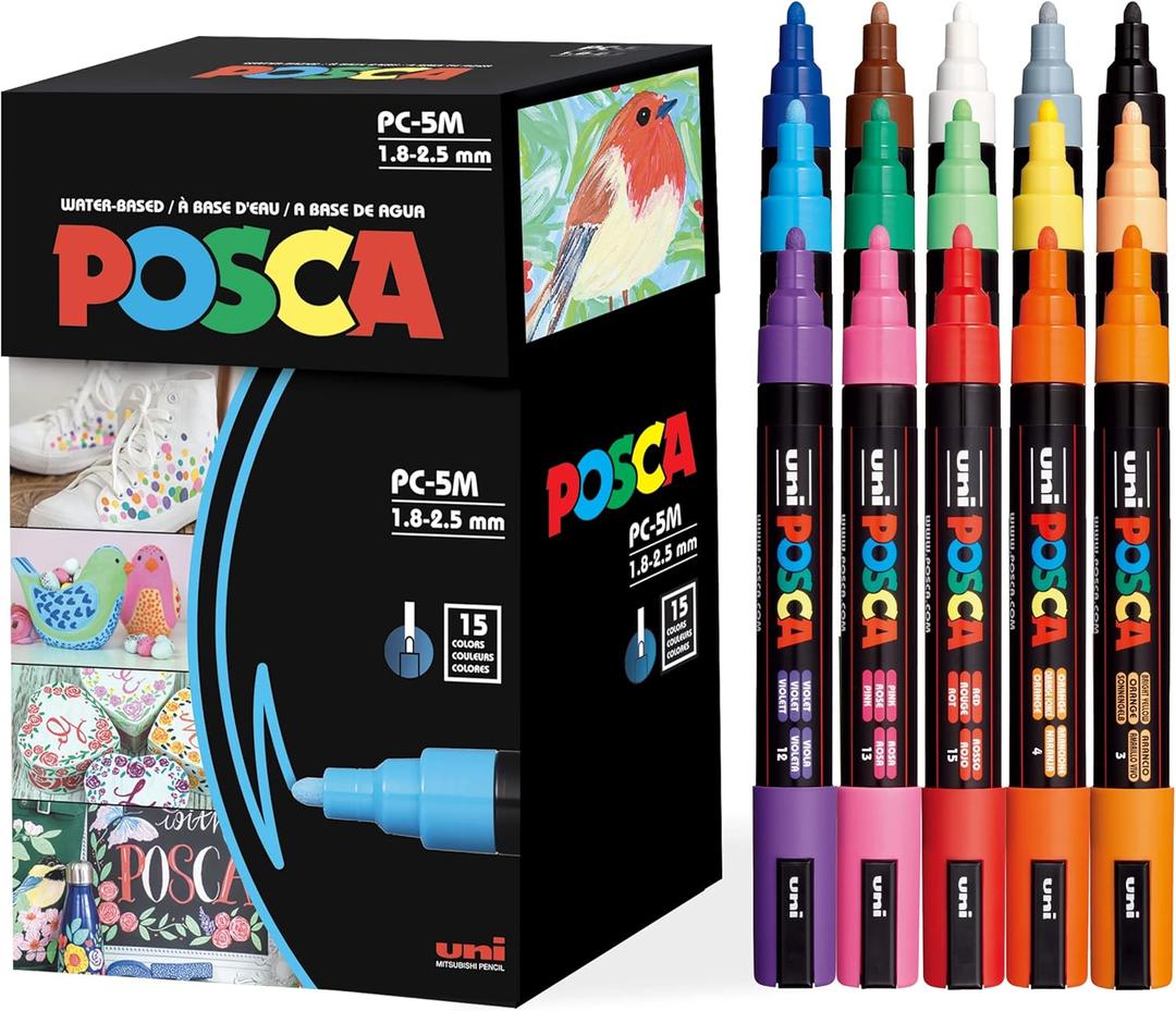 Posca Paint Art Markers, Set of 15 5M Medium Acrylic Markers with Reversible Tips, Artist Recommended Paint Pens for Gifts, Decorations, Fabric, Metal, Windows, Wood and Canvas (Assorted)
