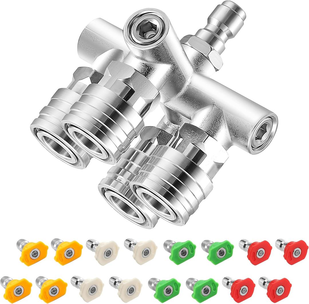 Quadruple Pressure Washer Tips, 4 in 1 Power Washer Nozzle, 4 Nozzle for Pressure Washing with 16PCS Power Washer Spray Nozzles (0, 15, 25, 40 Degree), 1/4 Inch Quick Connect, 5000 PSI