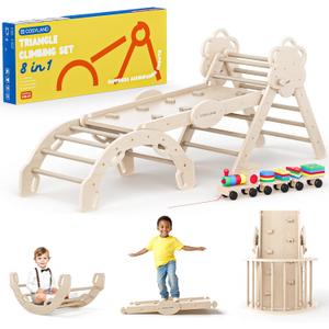 COSYLAND Pikler Triangle Set 8 in 1 - Adjustable 3-Level Montessori Climbing Toys for Toddlers 18M-6Y, Foldable Wooden Indoor Jungle Gym & Playground with Train Toy & Gift Box, Natural (Large)