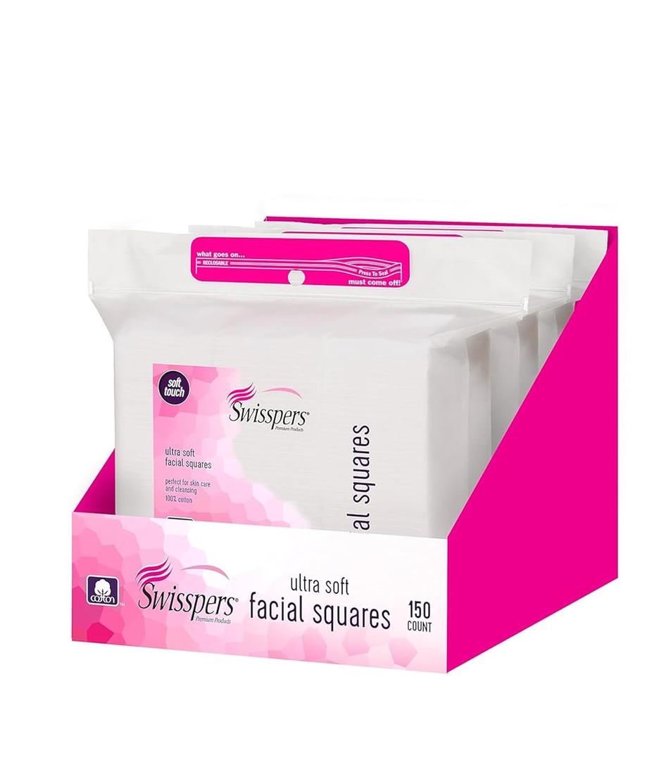 Swisspers Premium Ultra Soft Cleansing Cotton Pads  150 Count (Pack of 3)  Luxuriously Soft Pads for Gentle Skincare and Makeup Removal  100% Cotton