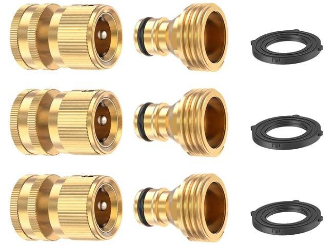 Kesfitt Garden Hose Quick Connector Solid Brass, 3/4 Inch GHT Thread Fitting No-Leak Water Hose Female and Male Adapter (3 Sets)