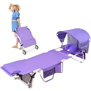 Wheel-To-Go Tanning Chair with Wheels Sun Canopy Umbrella Face Hole Thicker Washable Adjustable, Heavy Duty Folding Lay Flat Sun Lounge Chair Beach Outside Sunbathing Reading, UPF 50+ (Patent Design)