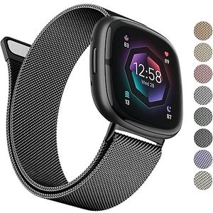 AK Metal Band Compatible with Fitbit Sense 2 / Versa 4 Bands, Stainless Steel Mesh Loop Magnetic Replacement Bracelet Strap for Fitbit Sense / Versa