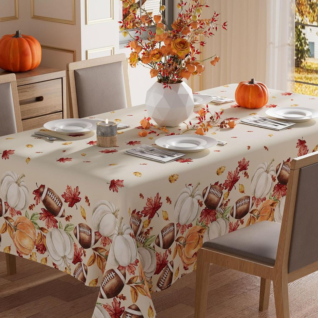 XCHI Fall Pumpkin Football Maple Leaves Tablecloth Square Washable Table Covers for Home Party Decorations 60x60 Inch