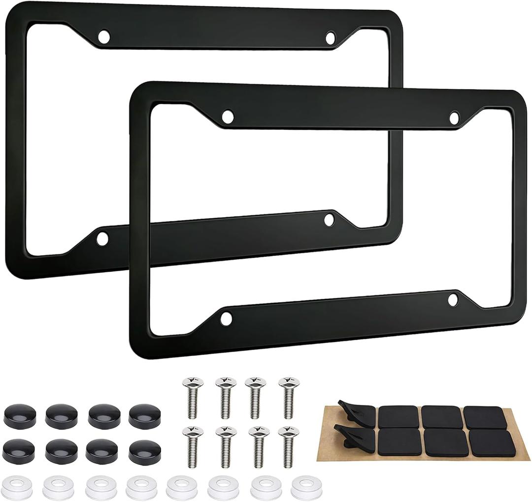 2 Pack Black License Plate Frames - Heavy Duty Stainless Steel Car License Plate Frame with 4 Holes, Rattle Proof Rustproof with Mounting Screws & Caps for Front Rear Cars