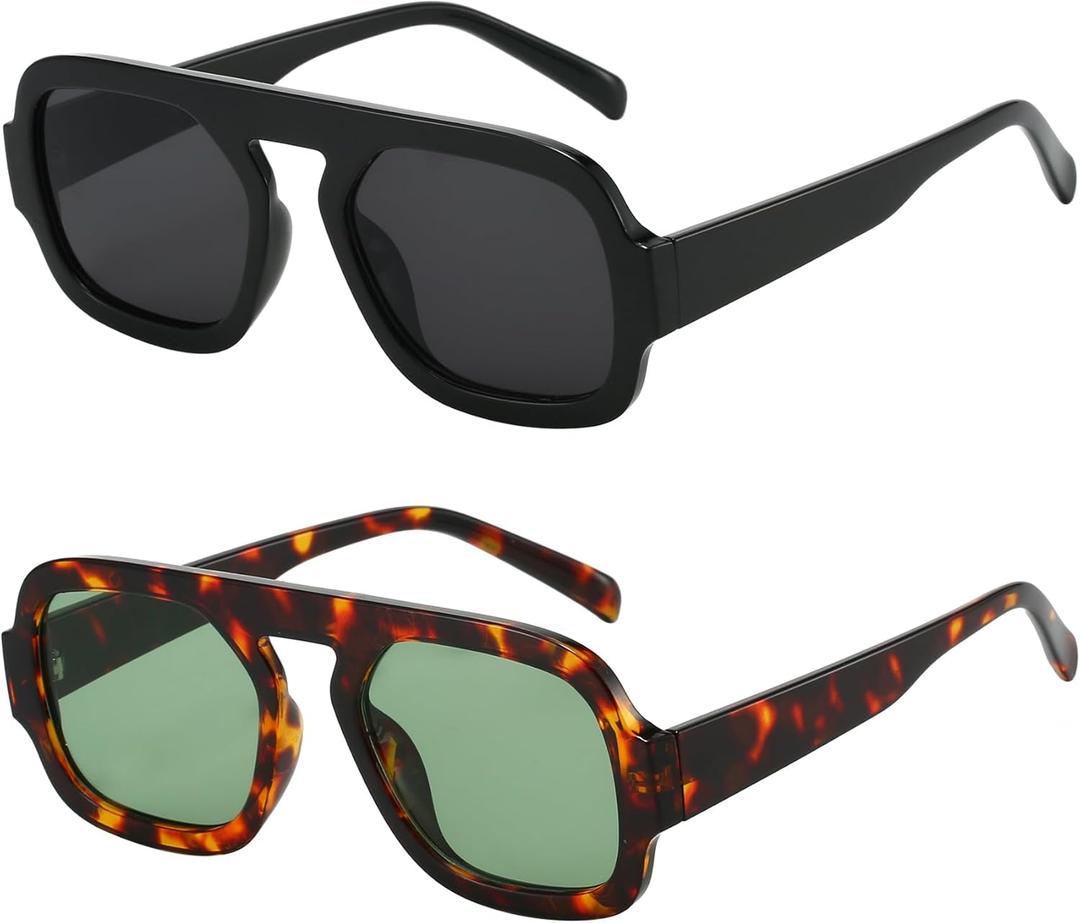 MUNSADE Trendy Square Aviator Sunglasses for Women Flat Top Designer Stylish Frame Sun Glasses Vintage Shades ((2 Pack) Black/Grey+tortoise/Green)
