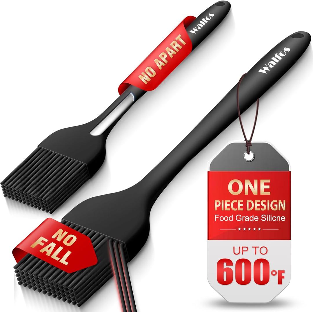 Walfos 600F Heat Resistant Silicone Basting Brushes BPA Free Pastry Brush, Spread Oil Butter Sauce for BBQ Grill Baking Kitchen Cooking, Dishwasher Safe (2 SIZE) (Large + Small, Black)