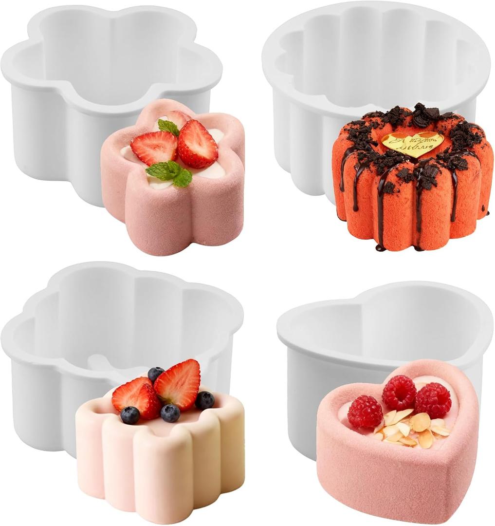 4 Pcs Silicone Mousse Cake Molds, 5 Inch Silicone Baking Mold, Flexible Nonstick silicone Cake Molds for Baking, Square Heart Flower Star Cake Pan for Cheese, Chocolate, Candy cake