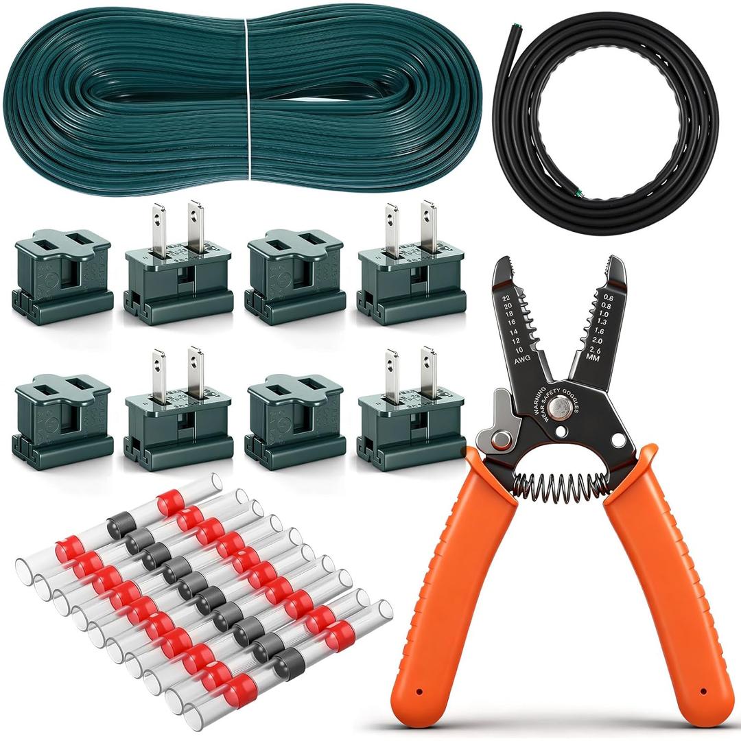 SPT-2 18/2 Christmas Electrical Wire with 8 Vampire Plug 10 Heat Shrink Terminal 39''Heat Shrink Tubing Stripper 18 AWG 2 Conductor Low Voltage Landscape Wire Extension for Outdoor Light(Green,50ft)