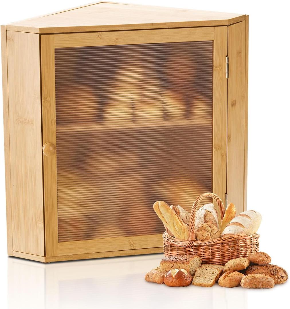 VEVOR Corner Bread Box for Kitchen Counter, Double Layer Large Capacity Bamboo Bread Storage Container, Farmhouse Wooden Breadbox for Homemade Bread, Storage Holder Bin with Acrylic Wavy Door, Natural