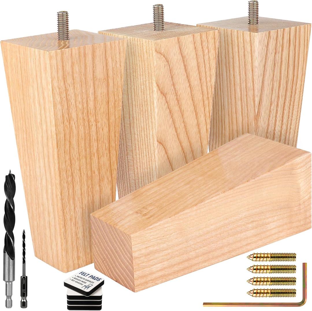 Premium Ash Wood Square Furniture Legs (Full Install Kit) - Pick Your Size and Color (6 Inches)