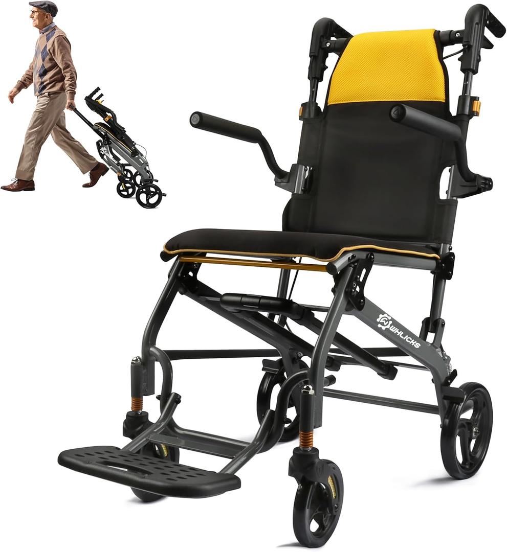 Wheelchairs for Adults Transport Chair Lightweight Foldable with Telescopic Handle,17" Width Compact Portable Folding Travel Wheel Chairs for Seniors (Yellow)