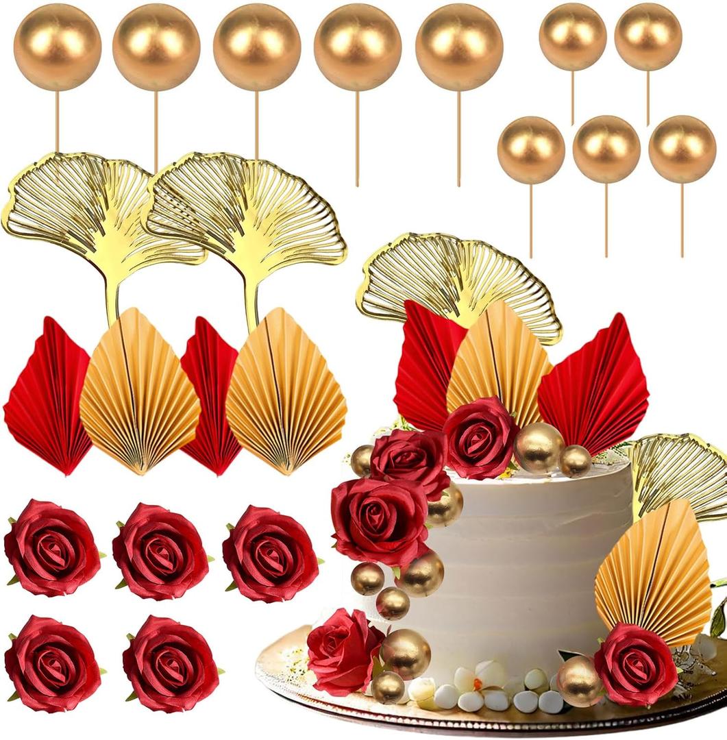 21 Pcs Boho Cake Topper Balloons Cake Topper Rose Red Gold Palm Leaves Cake Decorations for Wedding Baby Shower Birthday Party Anniversary Supplies