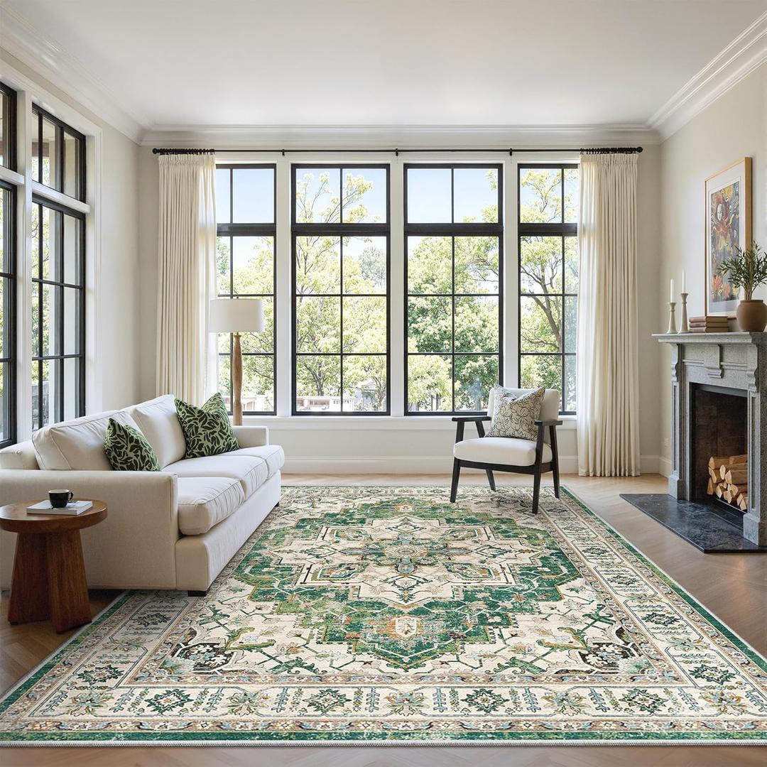 Zesthome 6x9 Area Rugs, Machine Washable Rugs for Living Room, Bedroom,Stain Resistant Vintage Large Area Rug,Non-Slip Medallion Pattern Home Decor Rugs (Green,6'x9')