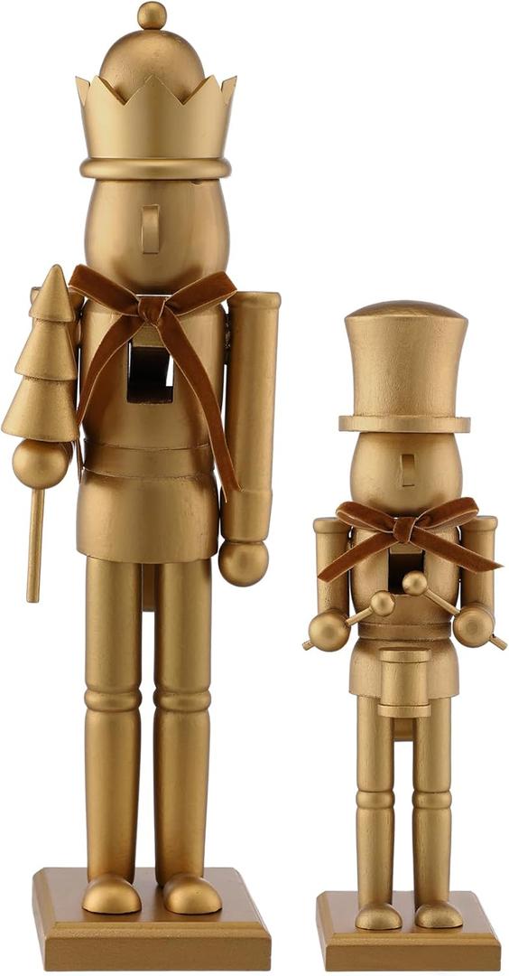 Weysat 2 Pcs Neutral Christmas Nutcracker Figure Gold Wooden Nutcracker Figures with Velvet Bow Christmas Ornament for Xmas Festival Party Gift Shelves Table Desktop Fireplace Decor, 10inch, 15inch