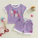 Kayotuas Toddler Baby Girl Summer Clothes 3D Flower Bow Short Sleeve T Shirt Tops Shorts 2Pcs Set Cute Infant Waffle Outfits (Purple)