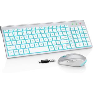 SABLUTE Wireless Keyboard and Mouse Combo Backlit - Compact Quiet Keyboard with RGB Mouse, Rechargeable, Slim, Sleep Mode, Portable Cordless Set for Mac, Windows, Laptop, PC (Silver White)