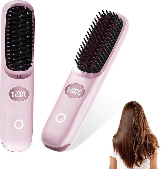 Go Brush Pro Portable Cordless Hair Straightener Brush for Travel, Fast Heating Straightening Comb with LCD Display & F/C Switch, Rechargeable Anti-Frizz Styling Tool for Smooth Shiny Hair, Pink