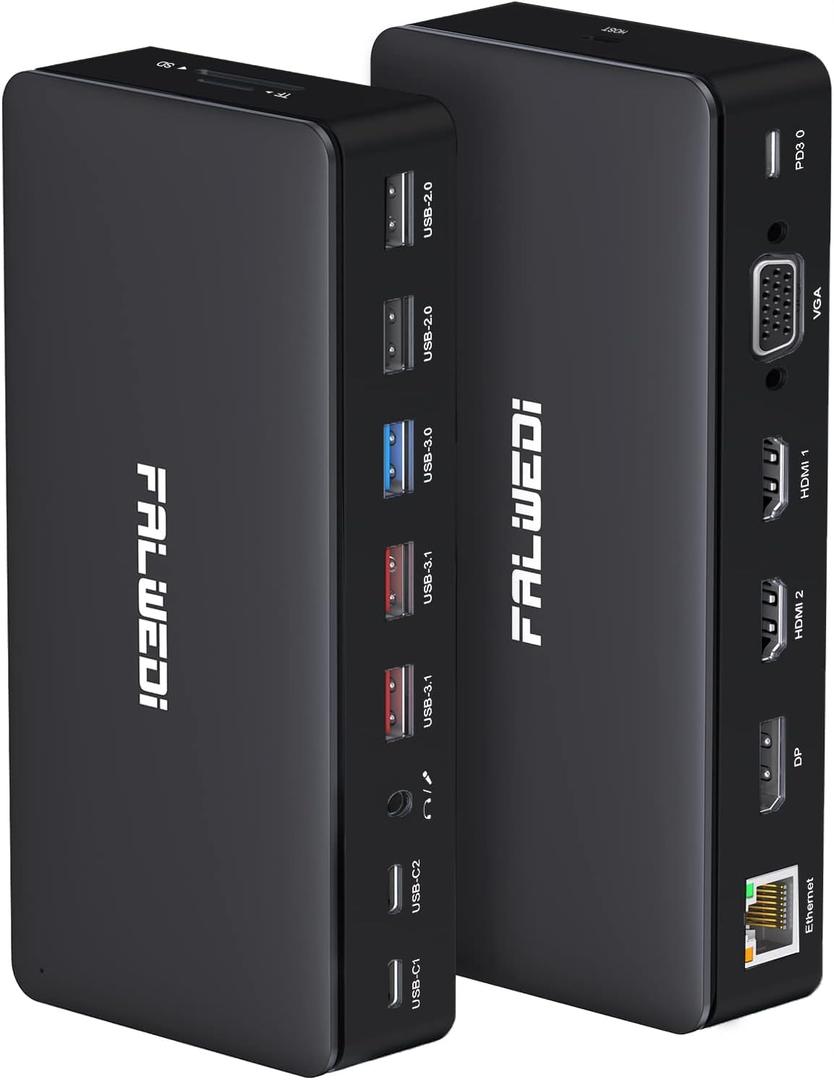 USB C Docking Station Dual Monitor, 16 in 1 Multiport Hub with Triple Display (2 HDMI, DP, VGA, 2 PD 100W & 18W, RJ45, USB C&A, SD/TF, Mic/Audio) Compatible for MacBook/Dell/HP/Lenovo Laptops Black