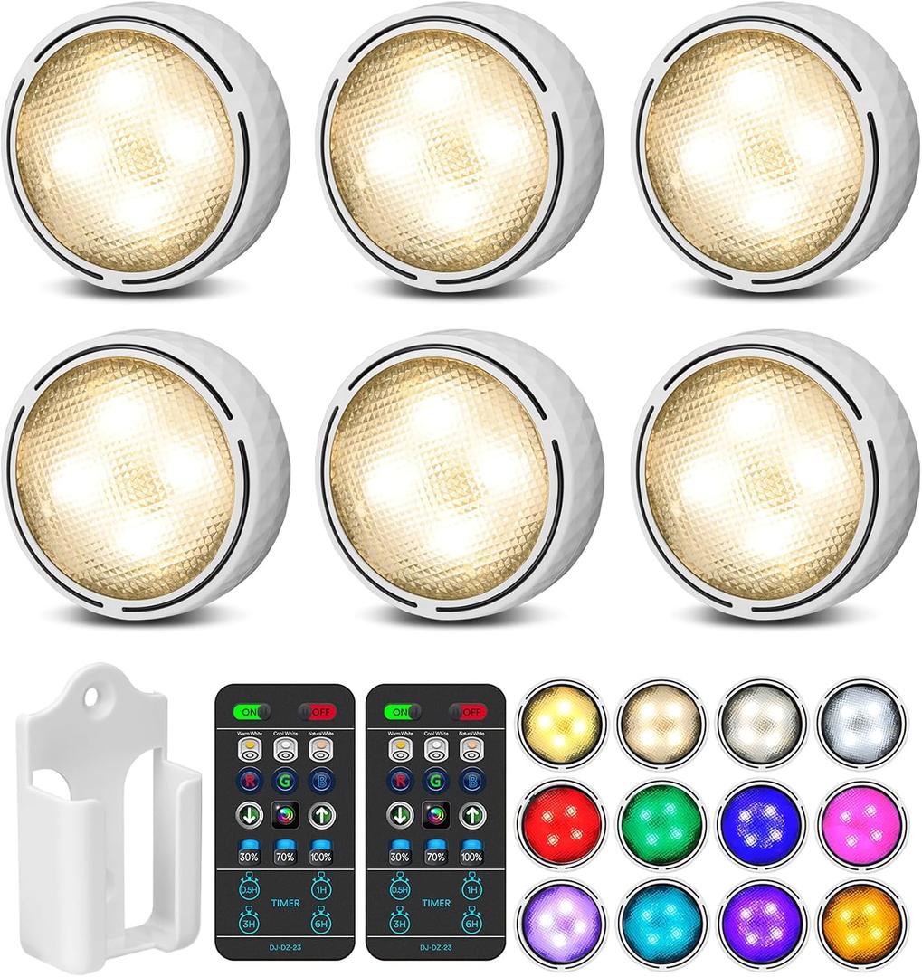 TECOMLIGHT Puck Lights with Remote Control, Battery Operated Wireless Under Cabinet Lighting, Stick on Tap Push Lights for Kitchen, Shelf, 6 Pack - White