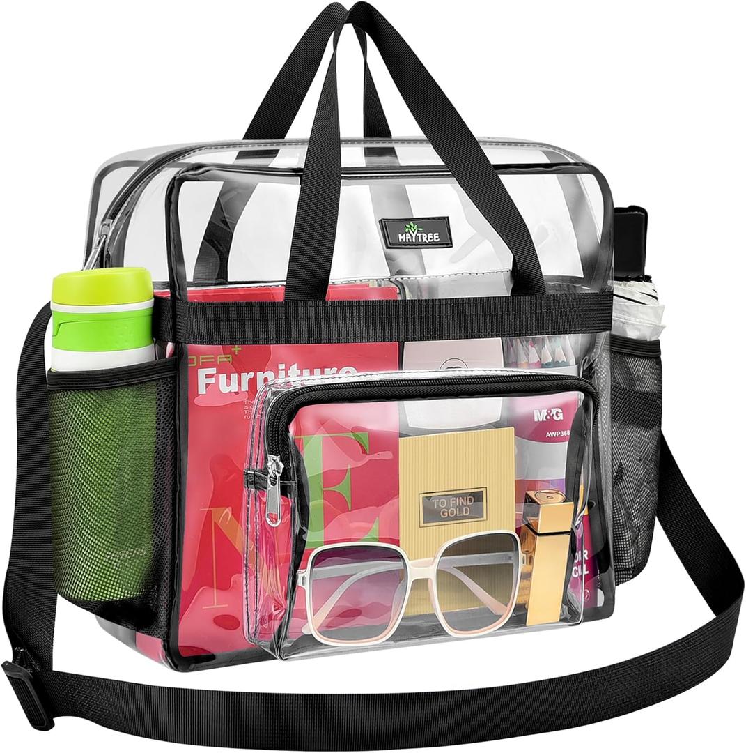 MAY TREE Clear Bag for Stadium Events, 125.512 Clear Tote Lunch Bag with Non-detachable Reinforced Straps for Work, Sporting Events and Gym, Black