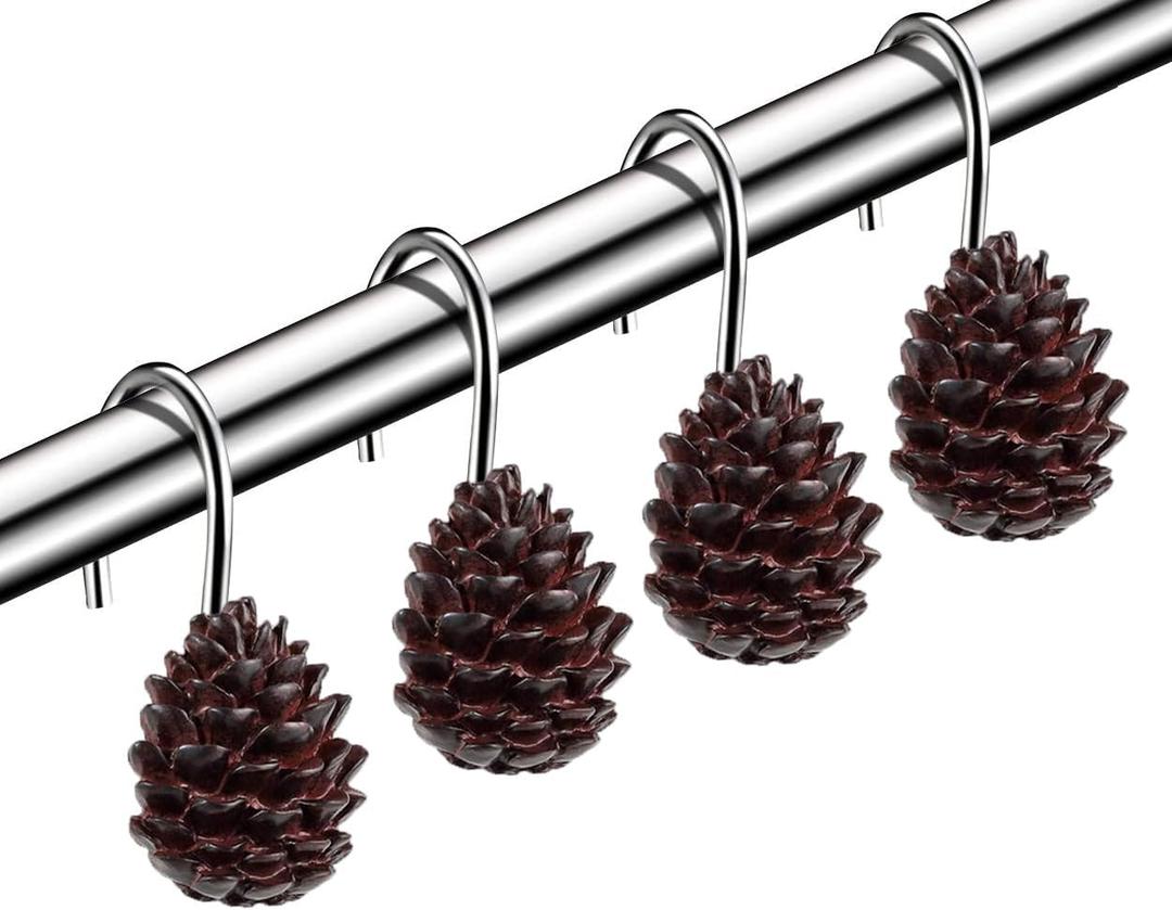 12 Pieces Pine Cone Shower Curtain Hooks, Decorative Curtain Hooks,Stainless Steel Rust Resistant Curtain Rings for Christmas Day, Autumn and Winter