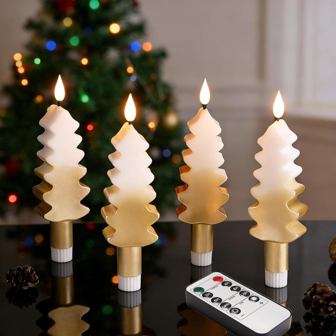 Eywamage Gold Christmas Tree Flameless Taper Candles with Remote, Short Battery Operated LED Wax Candlesticks Set of 4