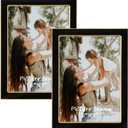 5x7 Black Enamel Picture Frames - Metal Gold Edge - Cute Frame for 5 x 7 Inch Photos Pictures Artwork - Real Glass - With Tabletop Easel Stand - Hanger for Wall Mount Display (2 Pack)