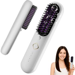 Cordless Hair Straightener Brush, Portable Straightening Brush for Travel, Negative Ion Hot Comb Hair Straightener for Women, Straightening Comb for Travel & Home, Lightweight to Carry Out, White