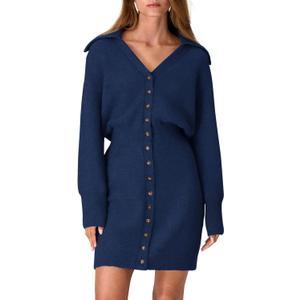 PRETTYGARDEN Sweater Dresses for Women 2026 Trendy Long Sleeve Button Down Short Mini Fall Winter Dress Small