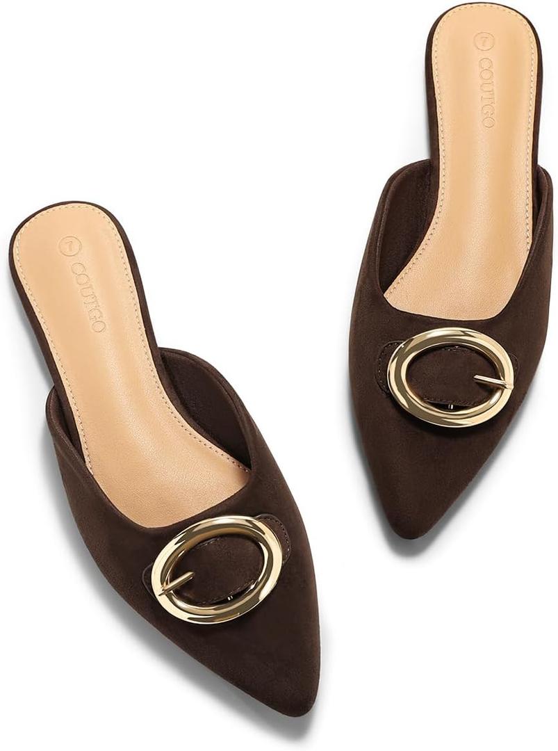 Coutgo Womens Mules Flats Closed Pointed Toe Slip On Slides Office Work Dress Shoes with Metal Buckle, Chocolate Suede, Size 6.5