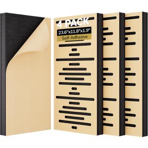 TONOR 4-Pack Acoustic Wood Wall Panels, 23.6” * 11.8” * 1.9” 3D Self-adhesive Wall Panel, Three-layer Soundproof Tiles for Echo Absorbtion, Acoustical Barrier of Polyester Fiber, wood, Burly Wood