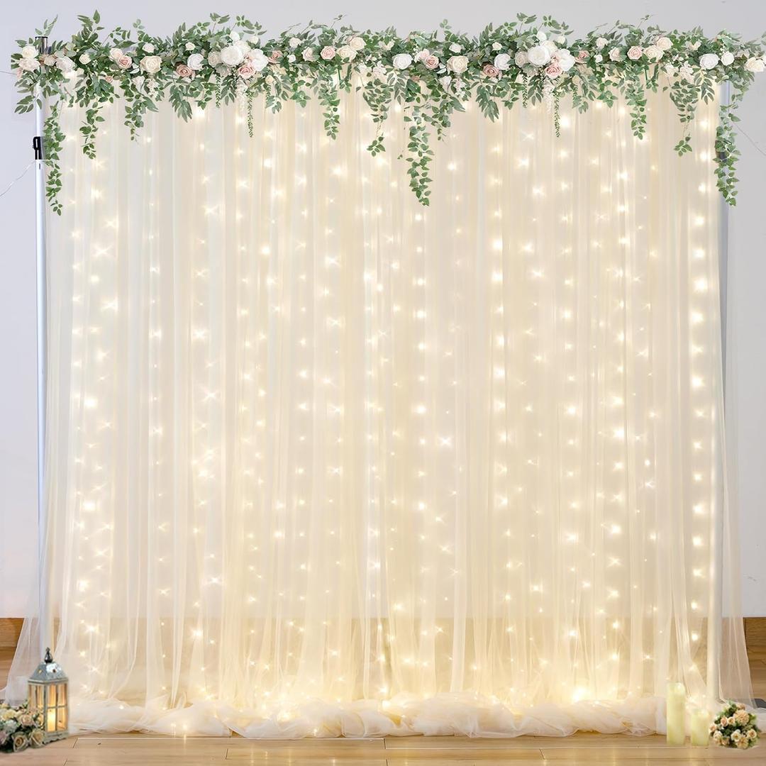 10ft x 10ft Champagne Tulle Backdrop Curtain with Lights String for Parties Wedding Bridal Shower Sheer Champagne Curtain Backdrop for Birthday Party Baby Shower Photo Booth Decorations