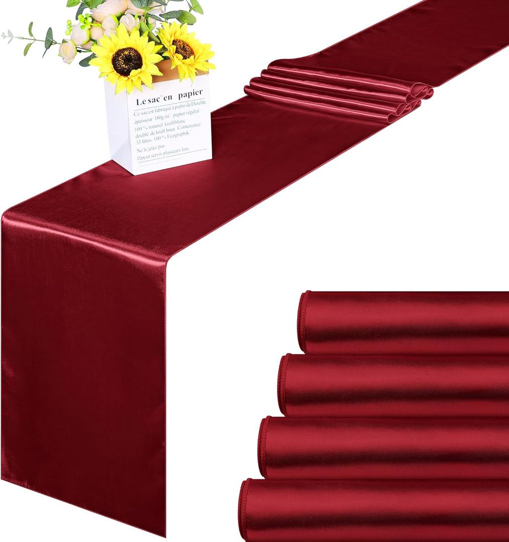 ANECO 4 Pack Satin Table Runner 12 x 108 Inch Long Bright Silk and Smooth Fabric Party Table Runner for Wedding Banquet Party Decoration (Burgundy)