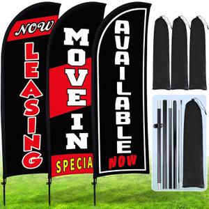 Buryeah Black 3 Set Feather Flag Kit Now Leasing Move in Special Available Flag with Pole Ground Stake and Bag Leasing Sign for Advertising Renting Welcome Banner for Outside Ground (7 ft)