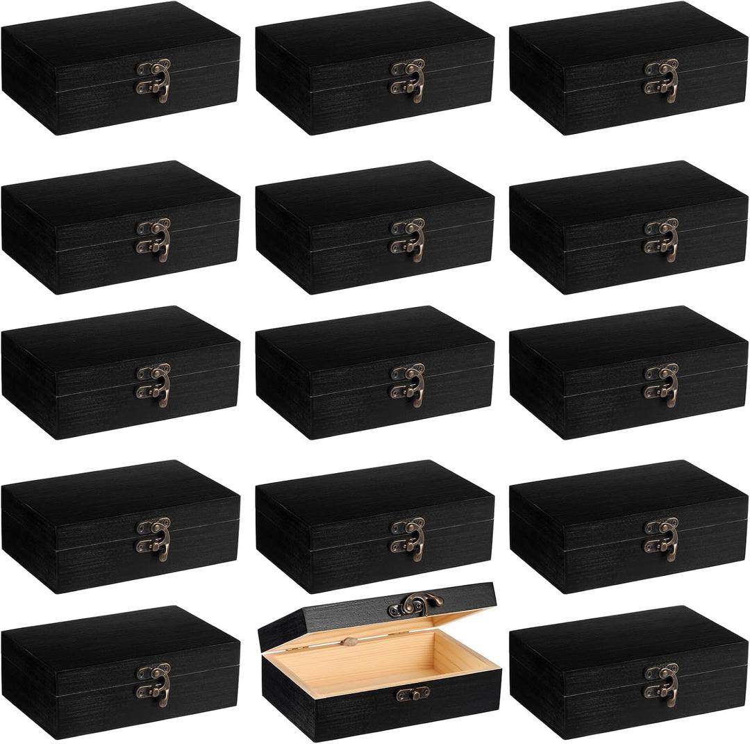 Uiifan 24 Pack Bulk Wooden Box 6 x 4 x 2 Small Unfinished Wooden Boxes with Hinged Lids Small Treasure Chest for Crafts Art Hobbies Storage Jewelry Box DIY Gift (Black)