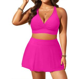 Women's Plus Size High Waisted Bikini - Two Piece Swimsuit with Skirt 2025 Tummy Control Bathing Suit with Pocket (Hot Pink), 18 Plus
