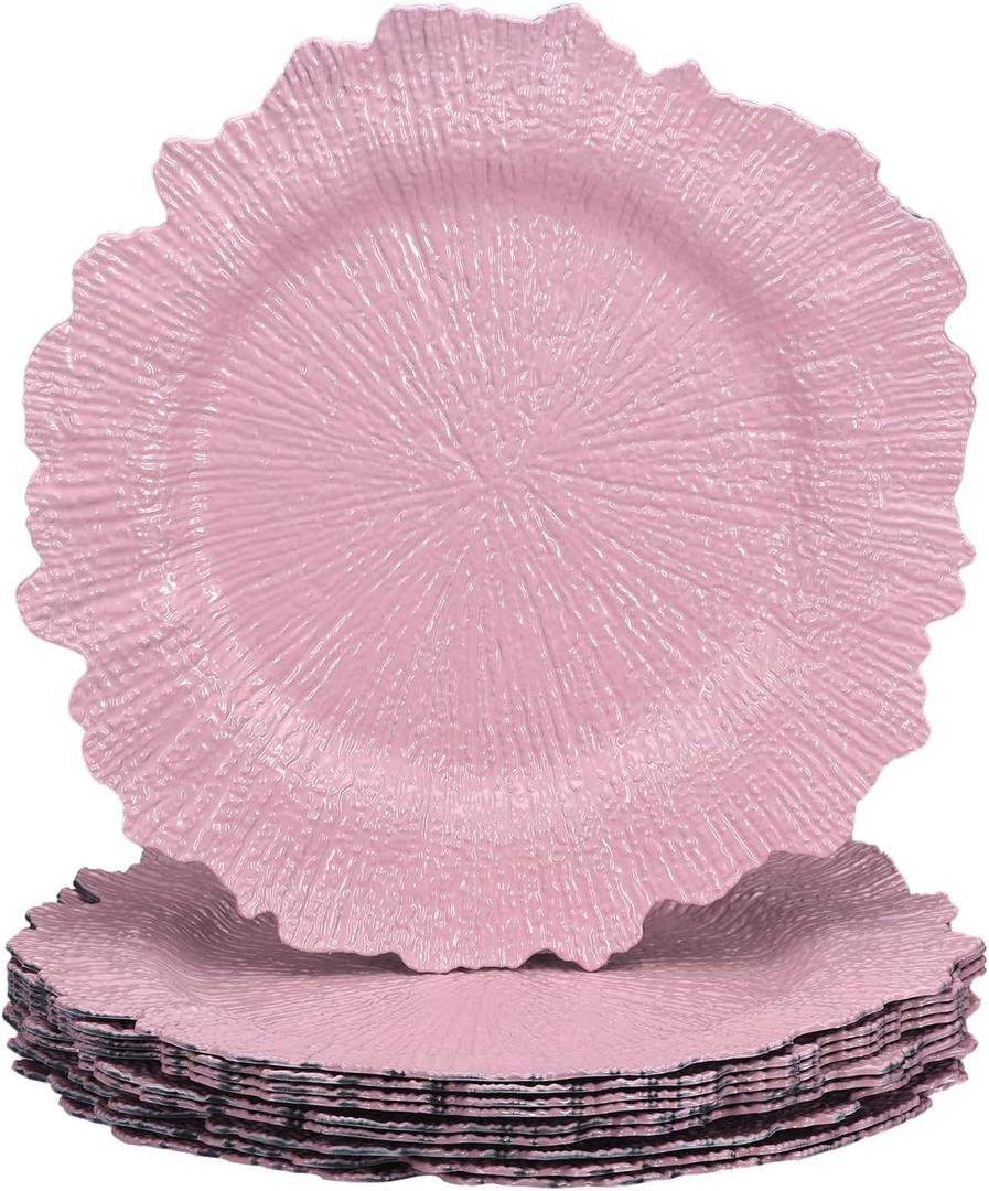 uxcell 20pcs Reef Charger Plates Bulk, 13 Inch Plastic Floral Charger Plates, Round Plate Charger for Wedding Party Event Table Setting Decoration Pink