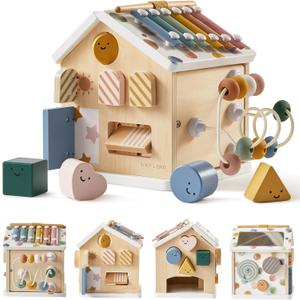 Tiny Land 9-in-1 Wooden Activity Cube, Montessori Baby Activity Center for 1+ Year Old, Educational Toy for Toddlers, Ideal Gift for Boys and Girls (Morandi)