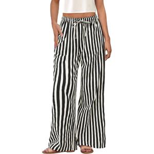 PRETTYGARDEN Women's Wide Leg Lounge Pants Spring Summer Drawstring Elastic Waist Comfy Striped Pajama Bottoms Trendy Clothes (S)