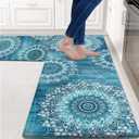 FRAMICS Kitchen Mats for Floor 2 Piece, Waterproof Non Slip, Memory Foam Cushioned, Floral Kitchen Rugs Set, Teal 17.3"30"+17.3"47"
