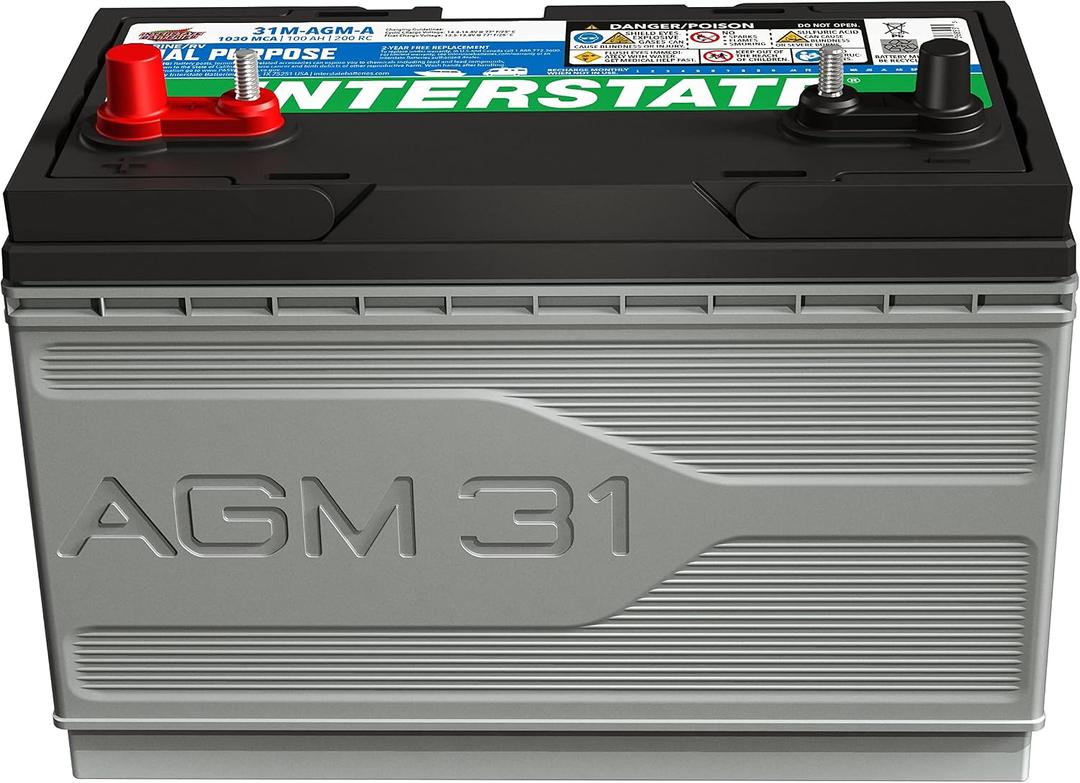 Interstate Batteries Marine/RV Battery 12V 100Ah 825CCA Dual Purpose Power Pure Lead AGM RV & Marine Starting Replacement Battery (Group Size 31M) Boats, RV's (8-31MAGMDC / 31M-AGM-A)