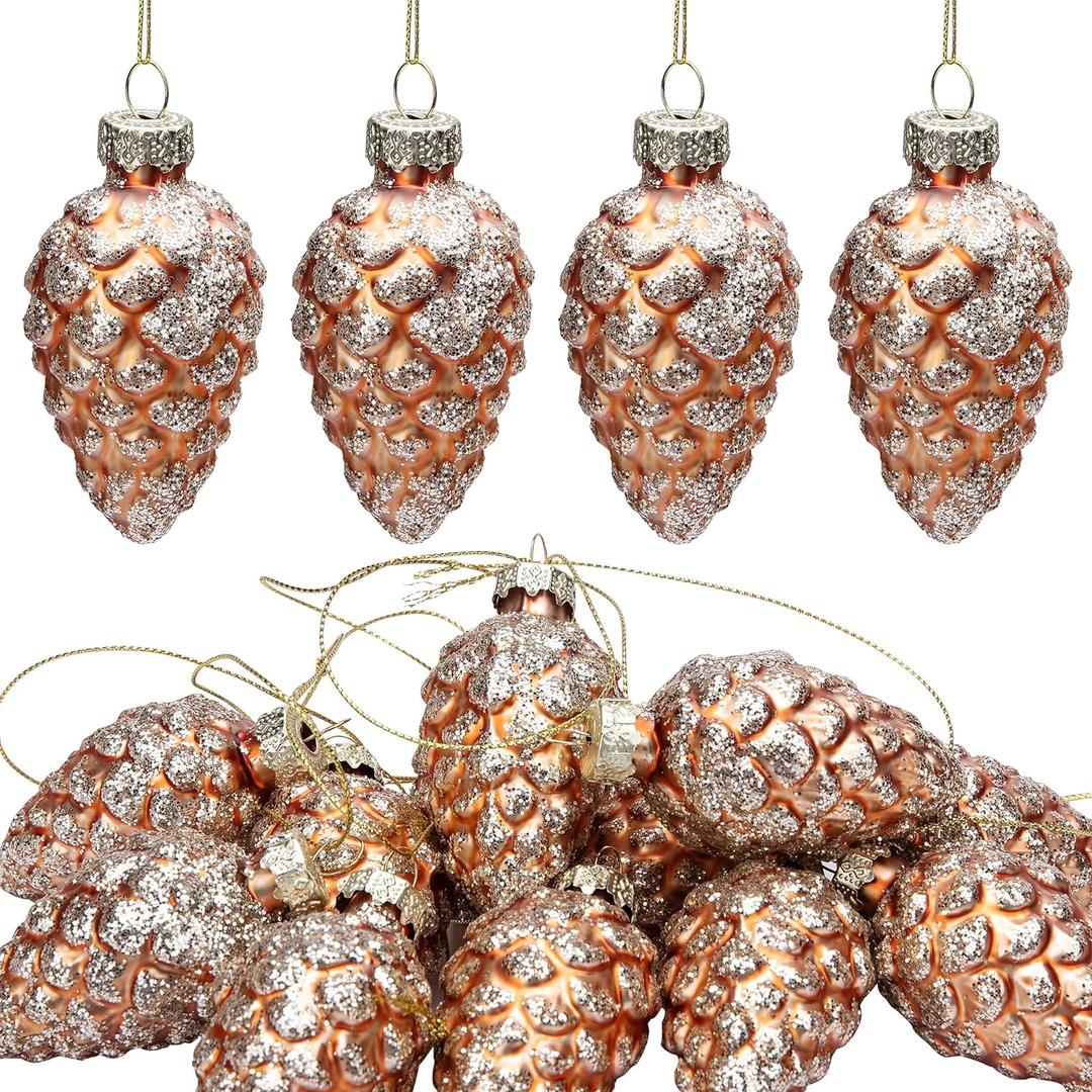Watayo 12 Pcs Christmas Pinecone Glass Ornaments, Fall Hanging Pine Cone Painted Glass Ornaments, Glitter Pinecone Christmas Ornament for Xmas Tree DIY Crafts Fall Thanksgiving Day Decoration