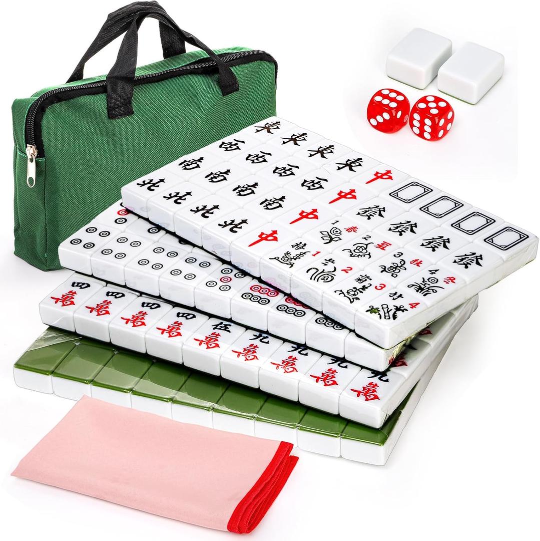 Cedilis Chinese Mahjong Set- 146 Small Melamine Tiles(1.18", Green) with Portable Travel Handbag, Playing Mat and 2 Dice for Family Gathering